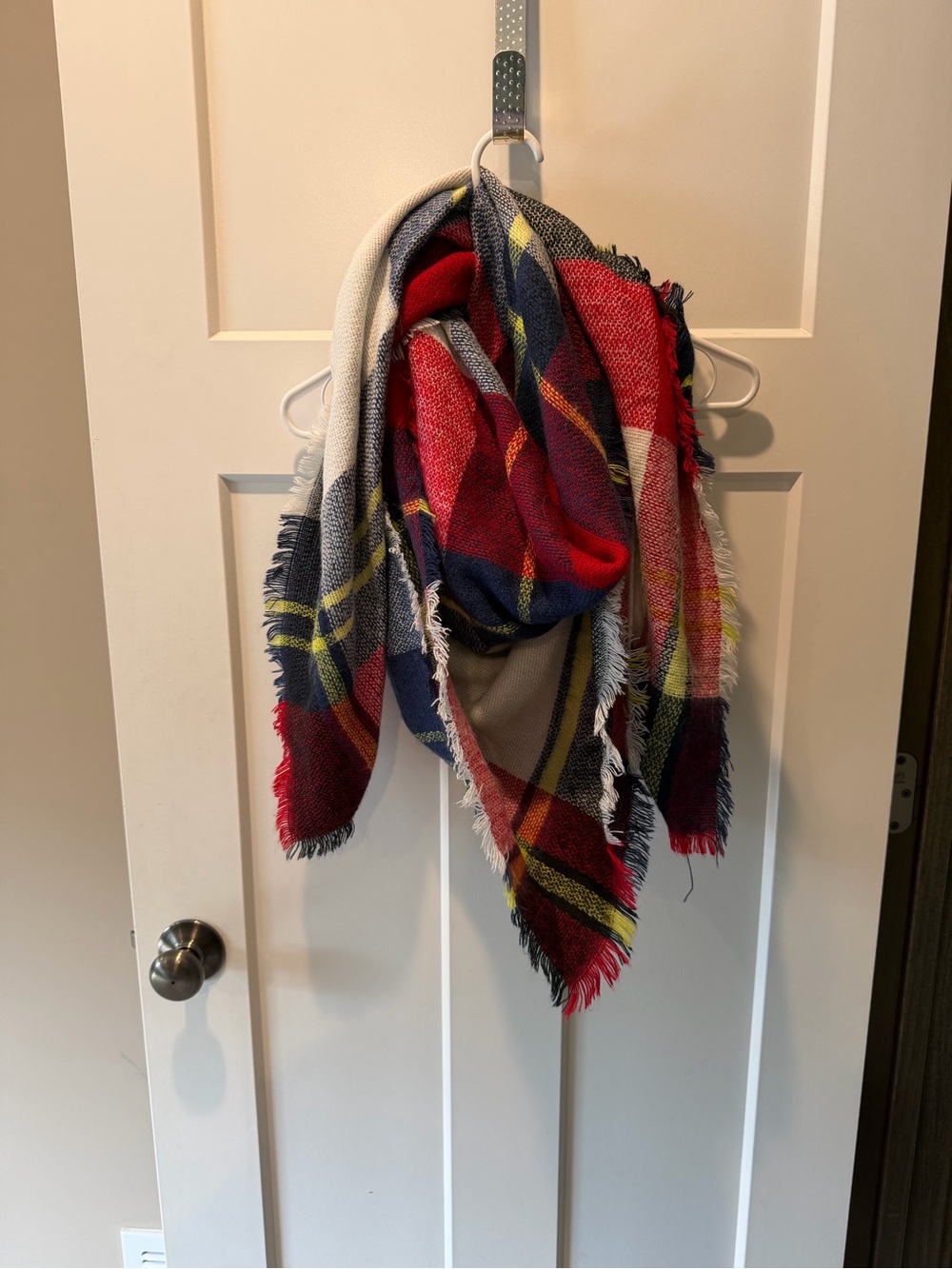 Cozy Plaid Blanket Scarf - Red, Navy & Cream